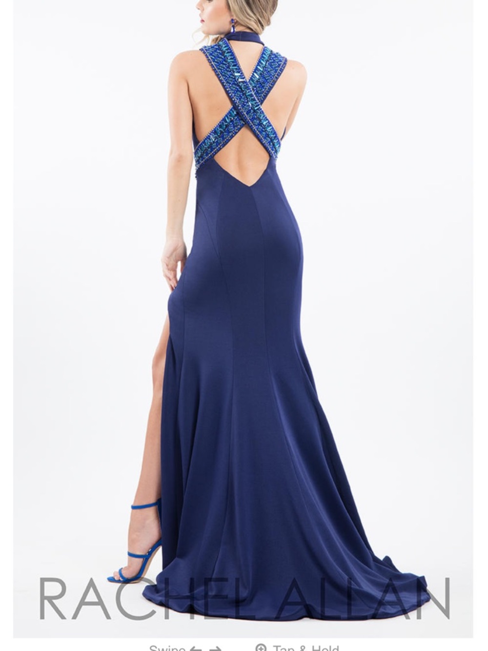 Rachel Allan Navy Cross-Back Beaded Evening Gown prom dress